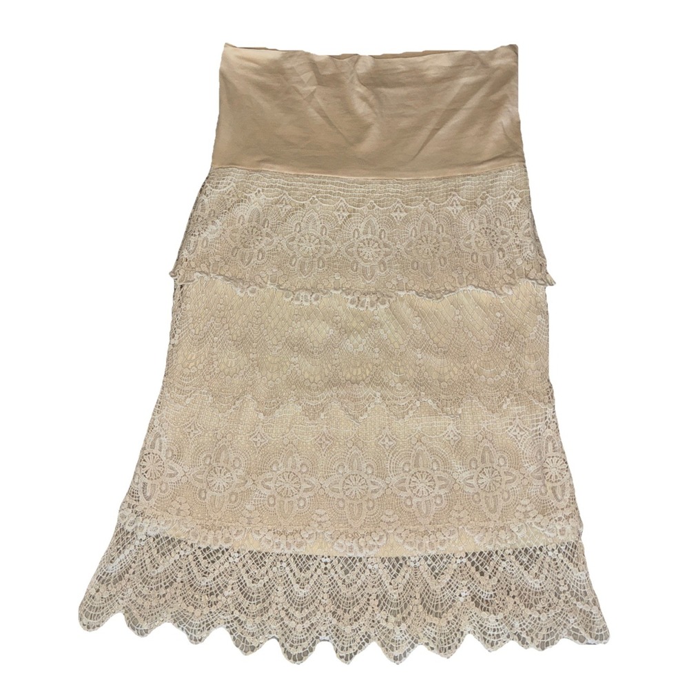 Solitaire Crochet Lace Skirt L Cream Midi‎ Lined Fold Waist Cottage Boho Western